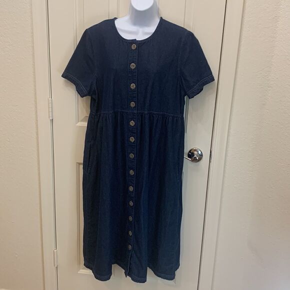Blair Petite Large Denim 💯% Cotton Scoop Neck Short Sleeve  Button Front Dress - Picture 2 of 9